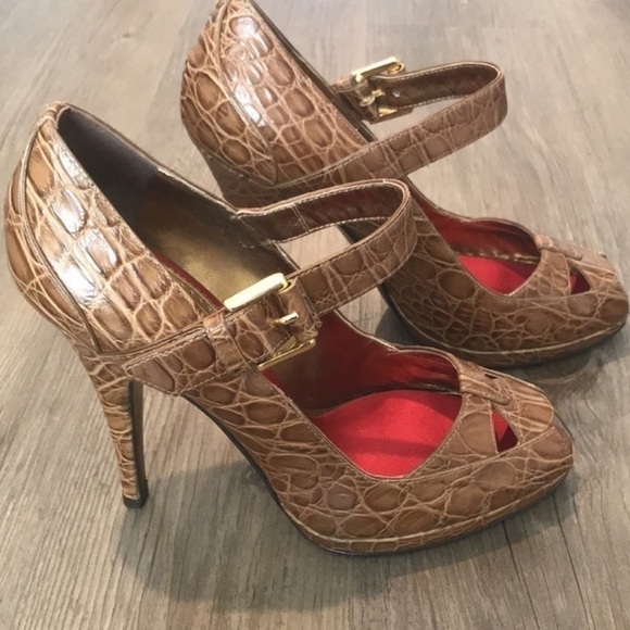 Roberto Cavalli Vintage Crocodile Embossed Leather Peep Toe Shoes - Picture 4 of 11